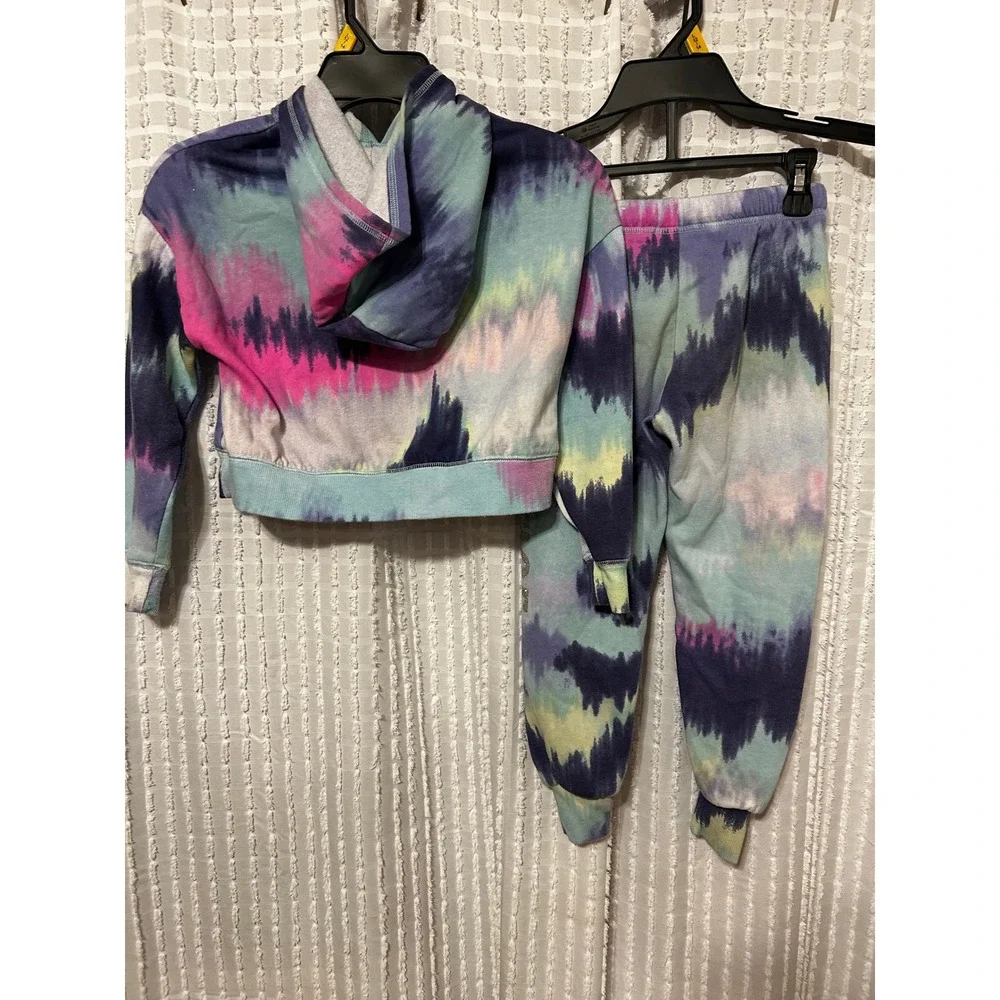 Justice Girls XS 5/6 Tie Dye Cropped Hoodie and Joggers Set Glitter Logo